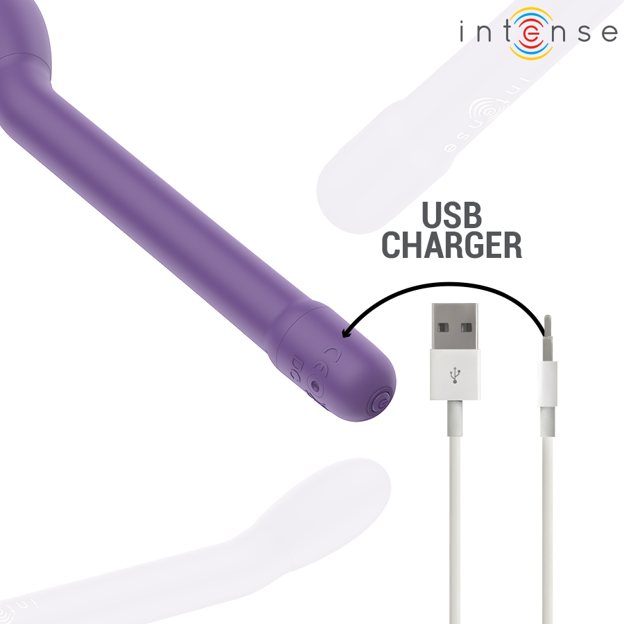 Purple curved G-spot stimulator with USB rechargeable charger and control buttons on the base.