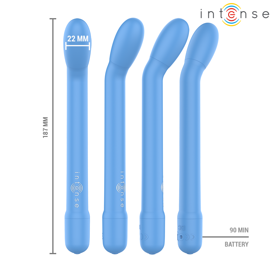 Blue curved G-spot stimulator with smooth silicone surface and 22mm diameter head.