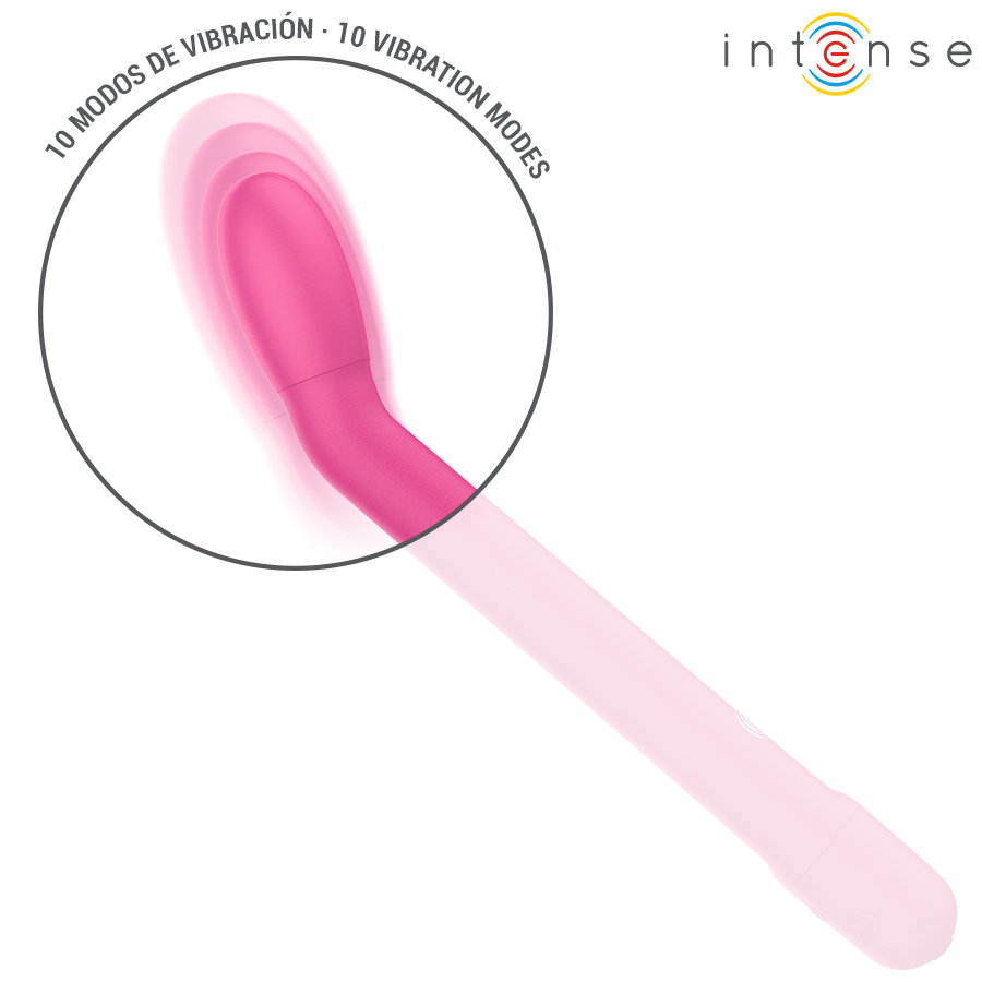 Pink curved silicone G-spot stimulator with textured head and smooth handle, 10 vibration modes.