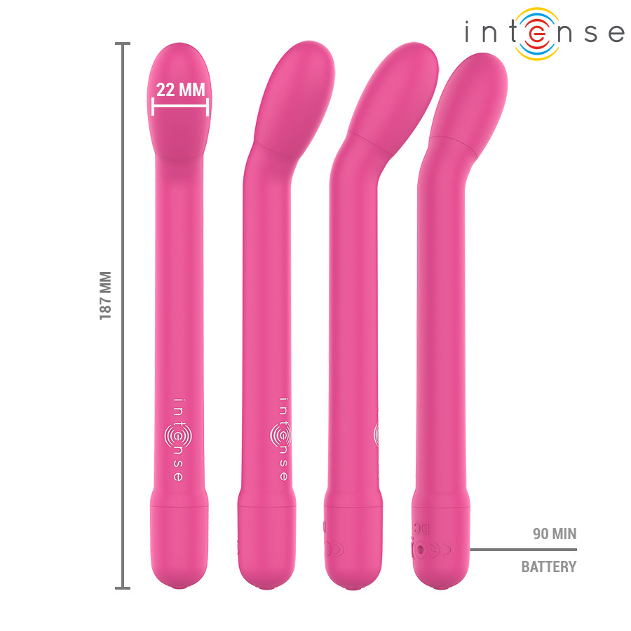 Pink rechargeable G-spot stimulator with curved tip, 18.7 cm length, and 22 mm diameter.