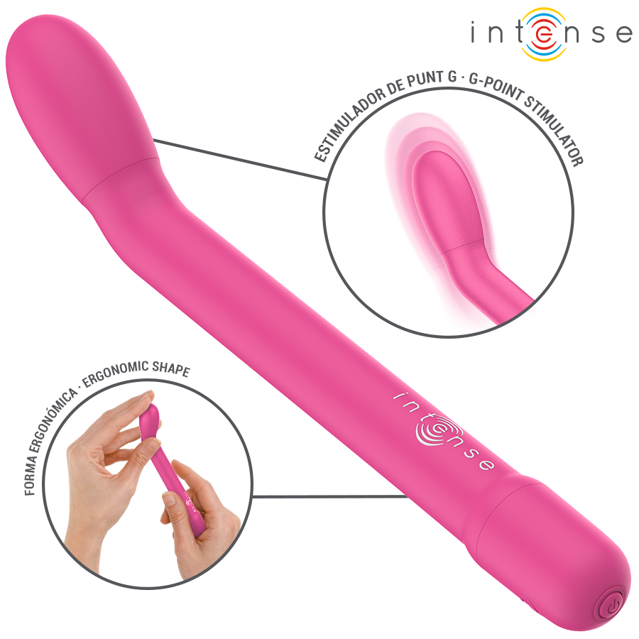 Pink ergonomic rechargeable G-spot stimulator with curved tip and smooth finish.