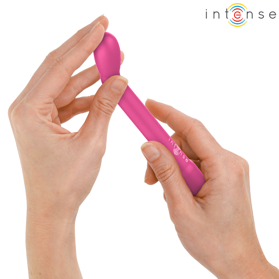 Slim pink rechargeable G-spot stimulator with curved tip held between two hands.