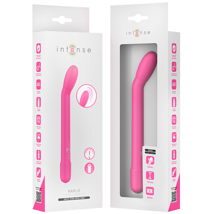 Pink curved G-spot stimulator with smooth silicone finish and USB rechargeable design in white box packaging.