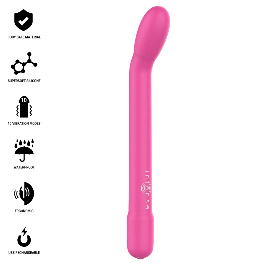 Pink ergonomic G-spot stimulator with curved tip and smooth silicone finish.