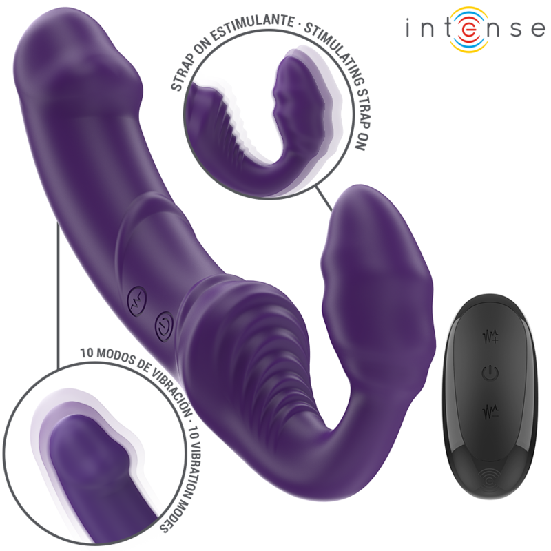 Purple dual-ended vibrator with textured shaft and curved stimulator, plus black wireless remote control.