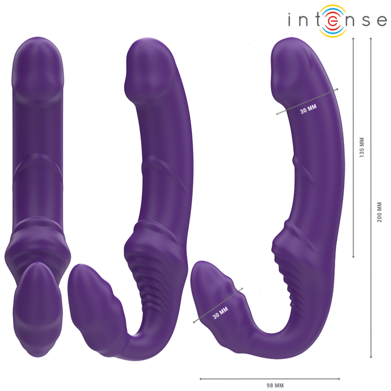 Purple double vibrator with curved, textured design and remote control, 20 cm length.