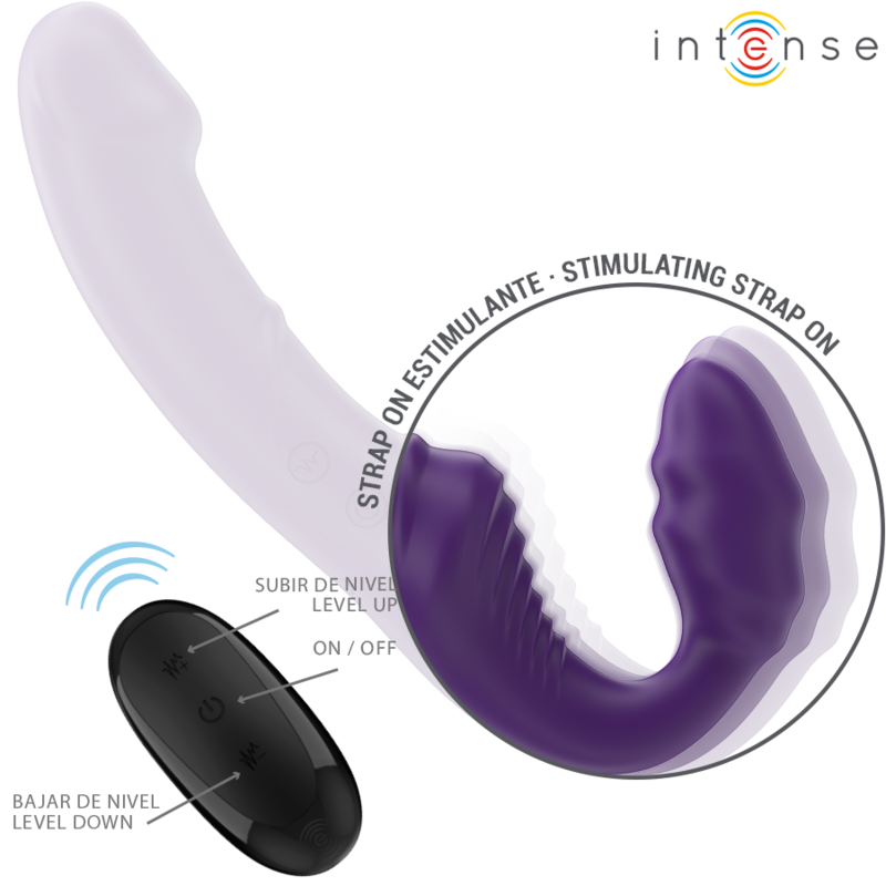 Purple double vibrator with textured stimulating strap and black wireless remote control.