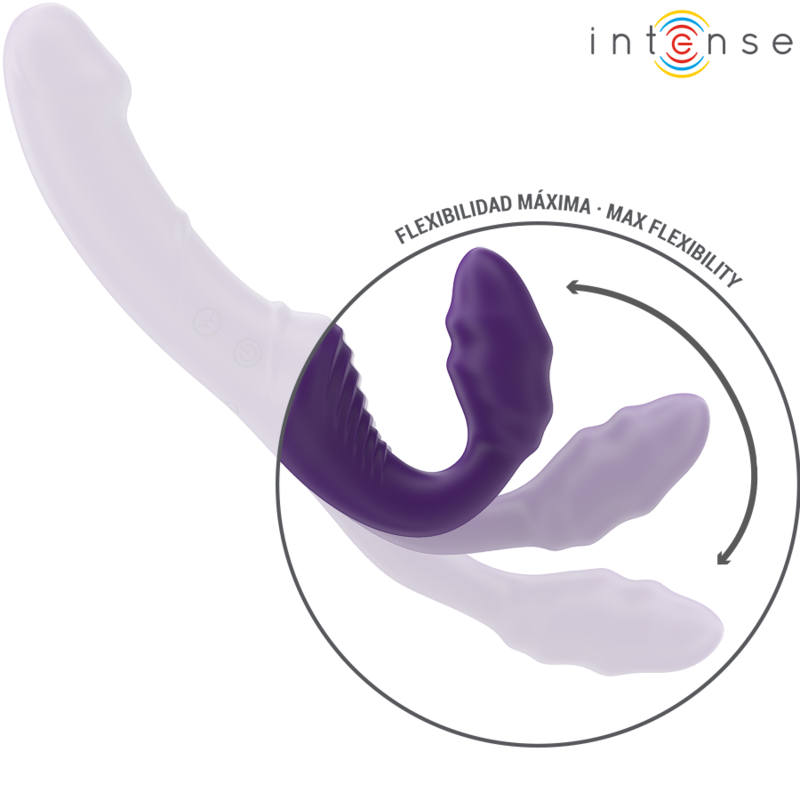 Purple double vibrator with curved tips and textured ridges, shown with flexible bending demonstration.