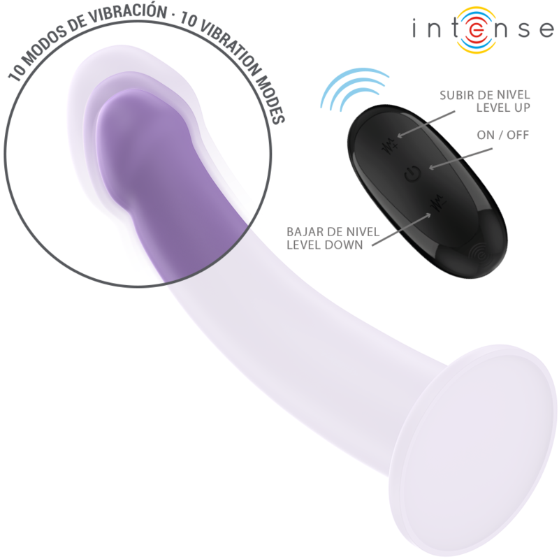 Purple curved vibrator with flared base and black remote control showing vibration mode buttons.