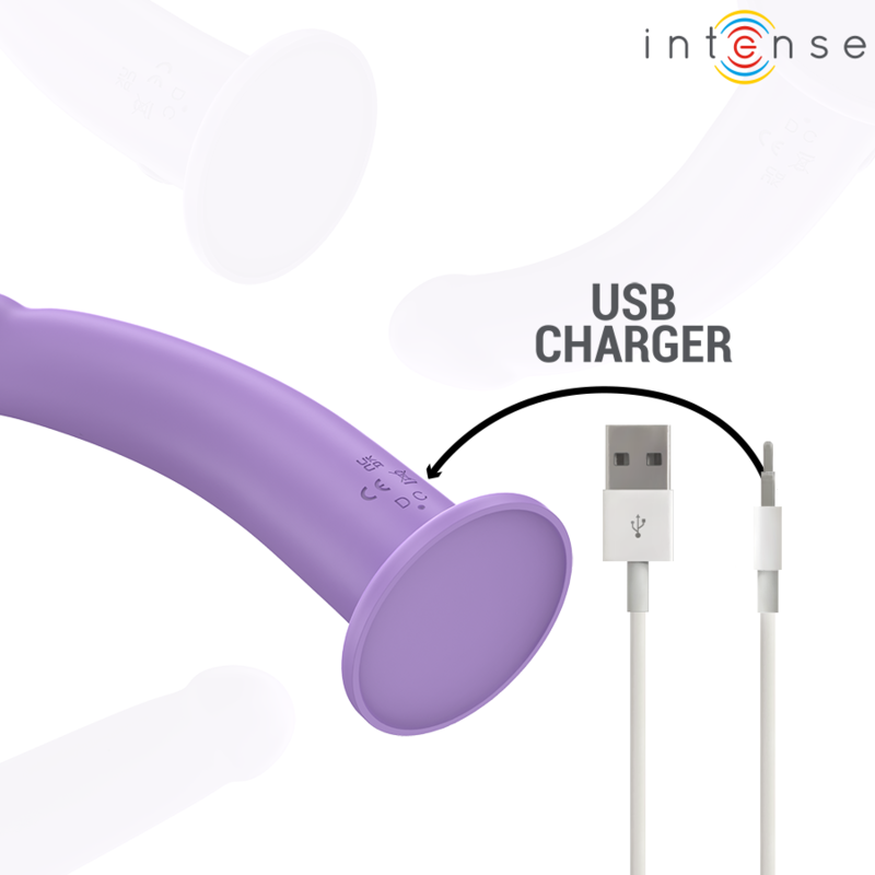 Purple curved silicone vibrator with flared base and USB charging cable.