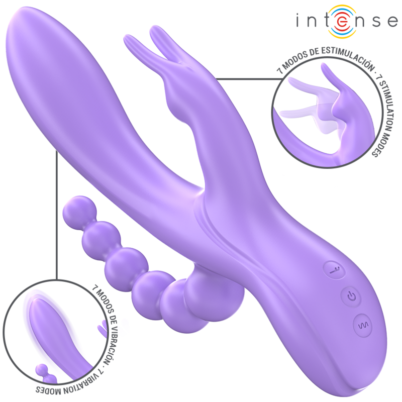 Purple triple vibrator with curved shaft, rabbit ears, and textured anal beads, 7 vibration modes.