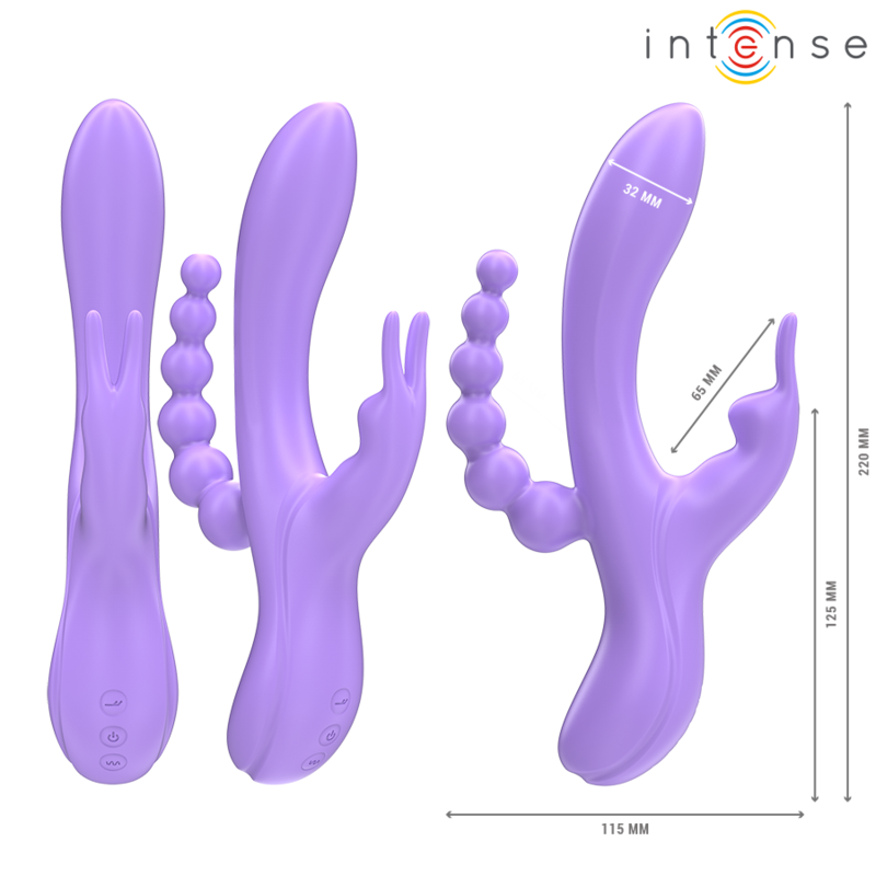 Purple triple vibrator with curved shaft, rabbit clitoral stimulator, and beaded anal probe with seven vibration modes.