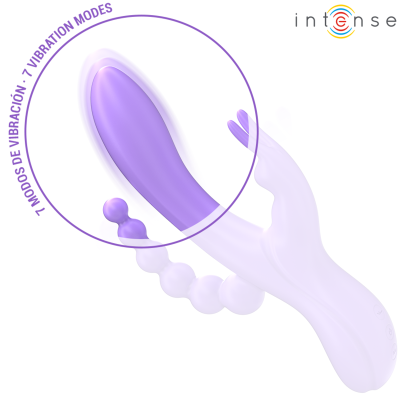 Purple triple vibrator rabbit-style with curved shaft, dual stimulator ears, and beaded anal extension.