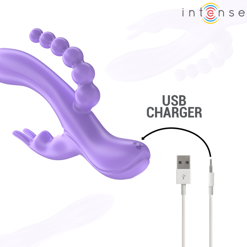 Purple triple vibrator with rabbit stimulator, anal beads, and USB charging cable.