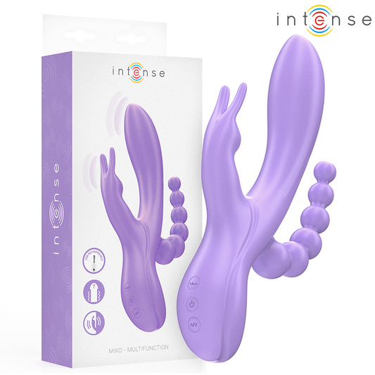 Purple triple vibrator with rabbit ears, curved stimulator, and beaded anal attachment next to matching box.