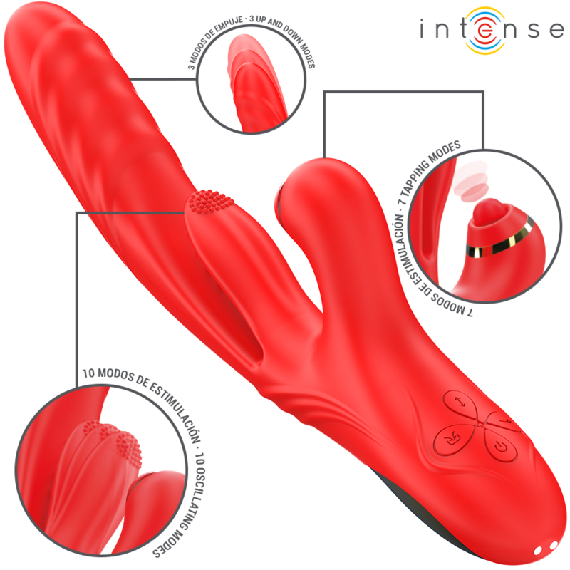 Red multifunction vibrator with textured tip, dual stimulation arms, and control buttons on the handle.