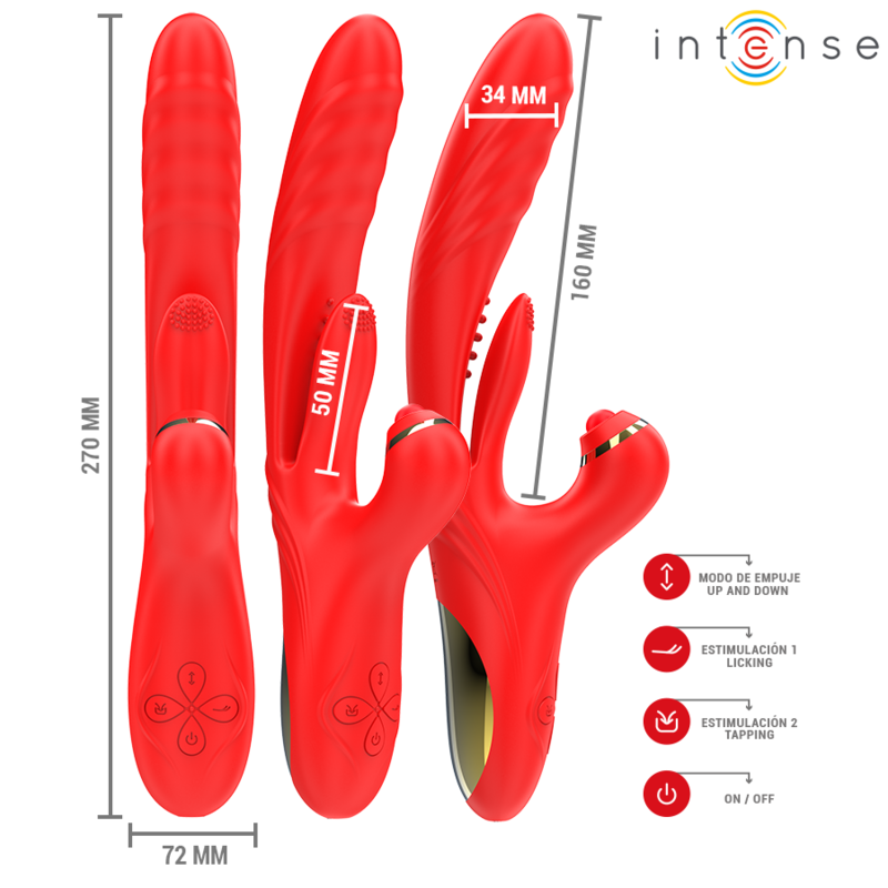 Red multifunction vibrator with three flexible textured arms and control buttons.