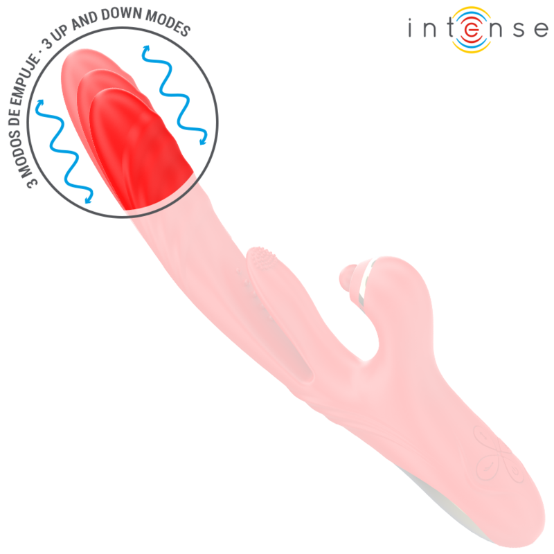 Red multifunction vibrator with curved tip, textured shaft, and dual stimulation arms.