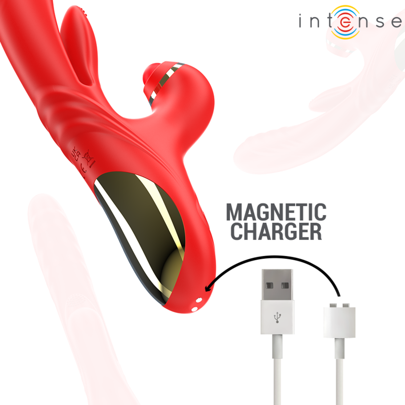 Red multifunction vibrator with dual stimulation arms and magnetic USB charger port.