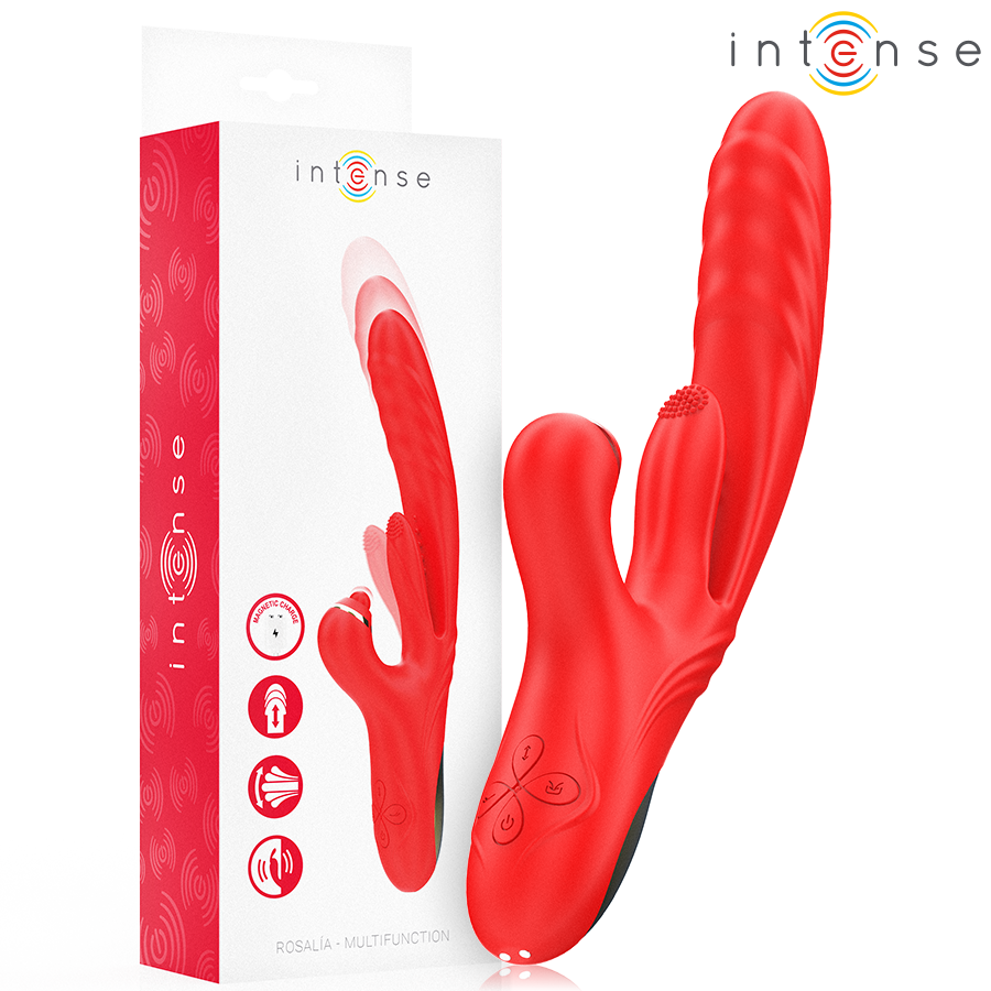 Red silicone 3-in-1 multifunction vibrator with curved shaft and dual stimulators, ergonomic controls.