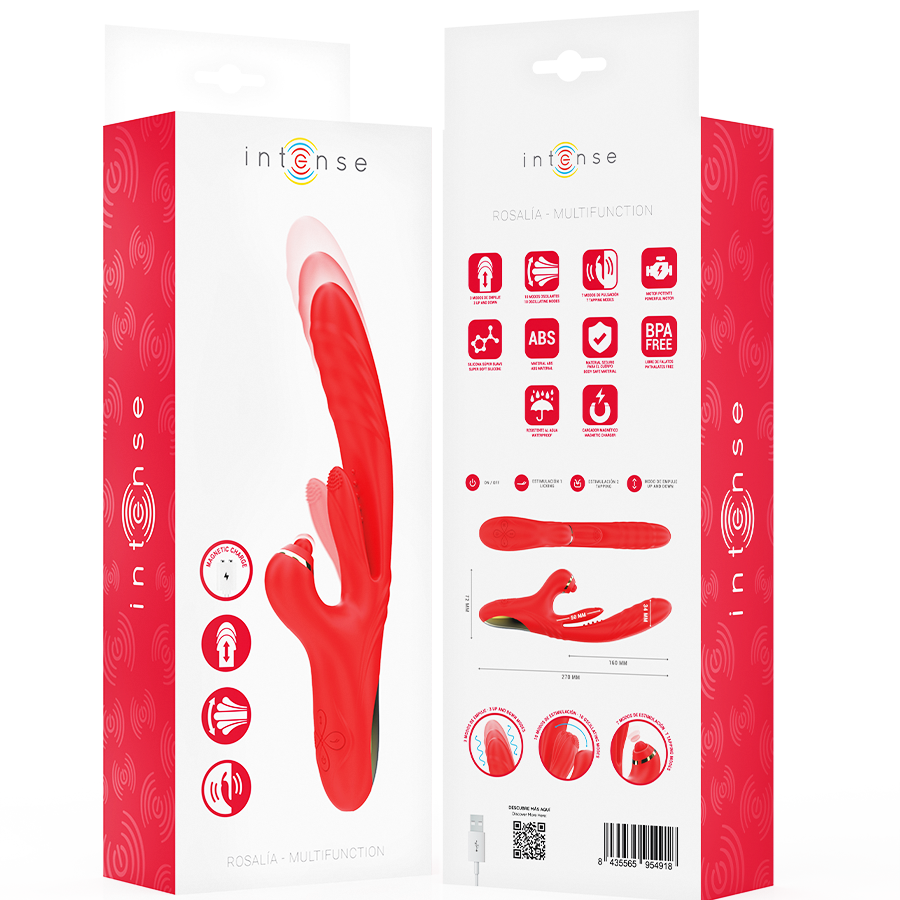 Red multifunction vibrator with curved shaft and rabbit-style clitoral stimulator in sleek packaging.