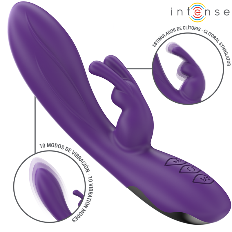 Purple dual-stimulation vibrator with rabbit ears, ergonomic shape, and control buttons on the handle.