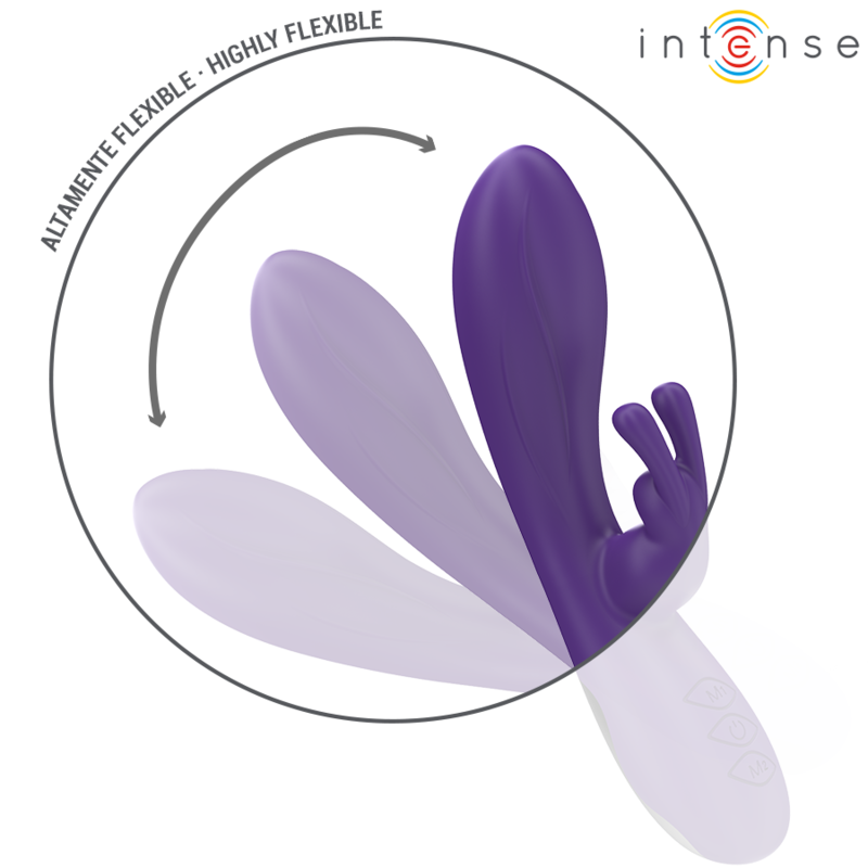 Purple dual-motor rabbit vibrator with flexible shaft and three control buttons.