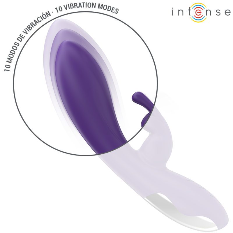 Purple dual-stimulation vibrator with smooth, curved design and external clitoral stimulator.