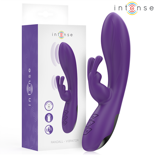 Purple rabbit vibrator with curved tip and dual motor, ergonomic handle with three buttons.