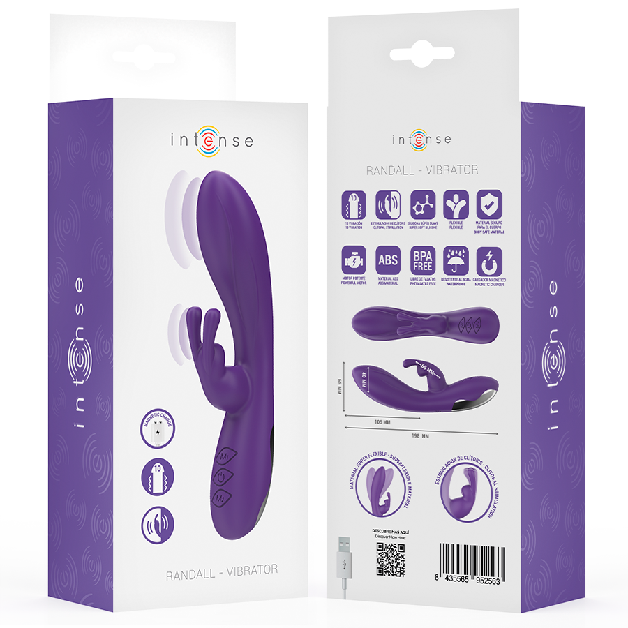Purple Randall Rabbit vibrator with curved shaft and textured rabbit ears in sleek, ergonomic design.
