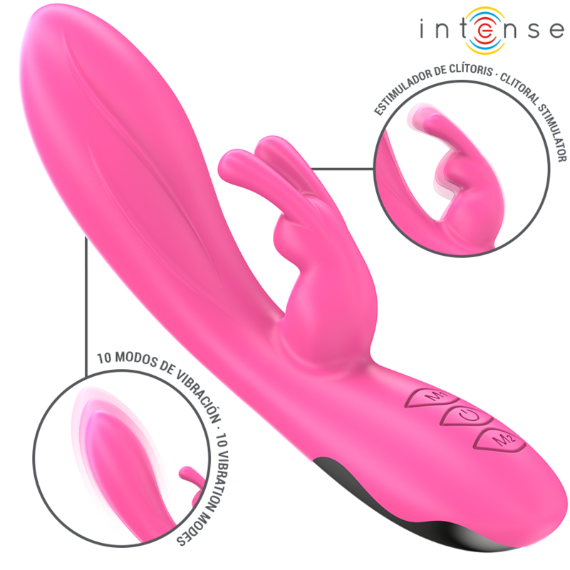 Pink dual-stimulation vibrator with rabbit ears, ergonomic shape, and control buttons.