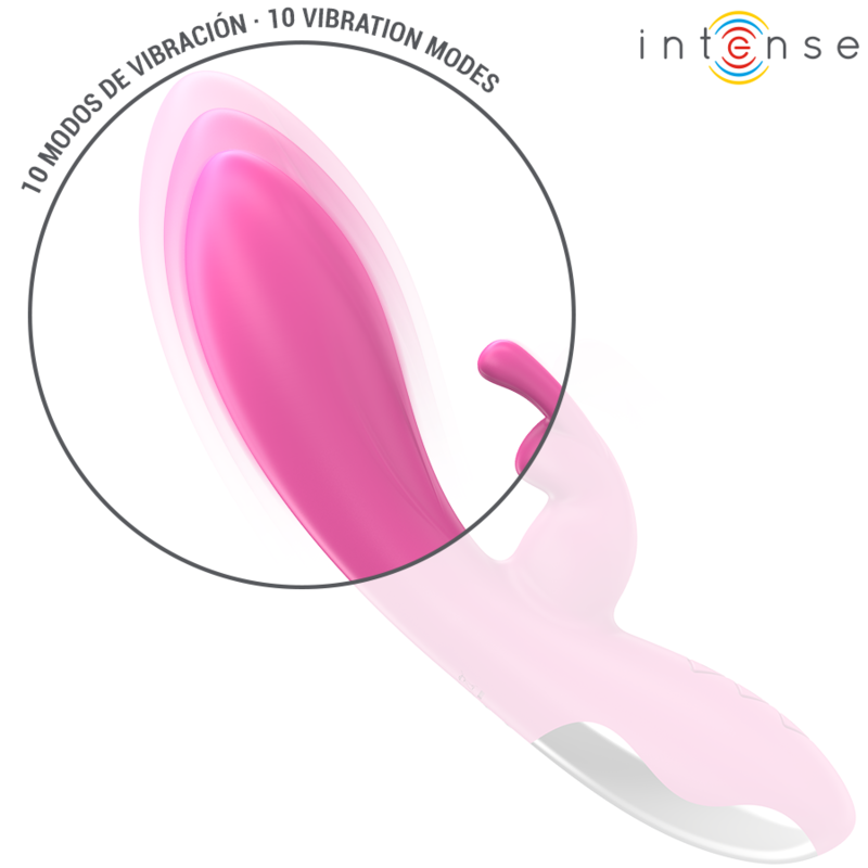 Pink rabbit vibrator with curved tip and external stimulator, smooth silicone finish.