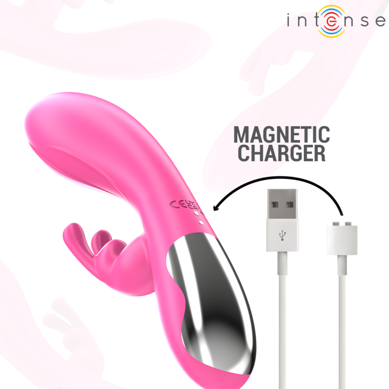 Pink rabbit vibrator with smooth curves, silver base, and magnetic USB charger cable.