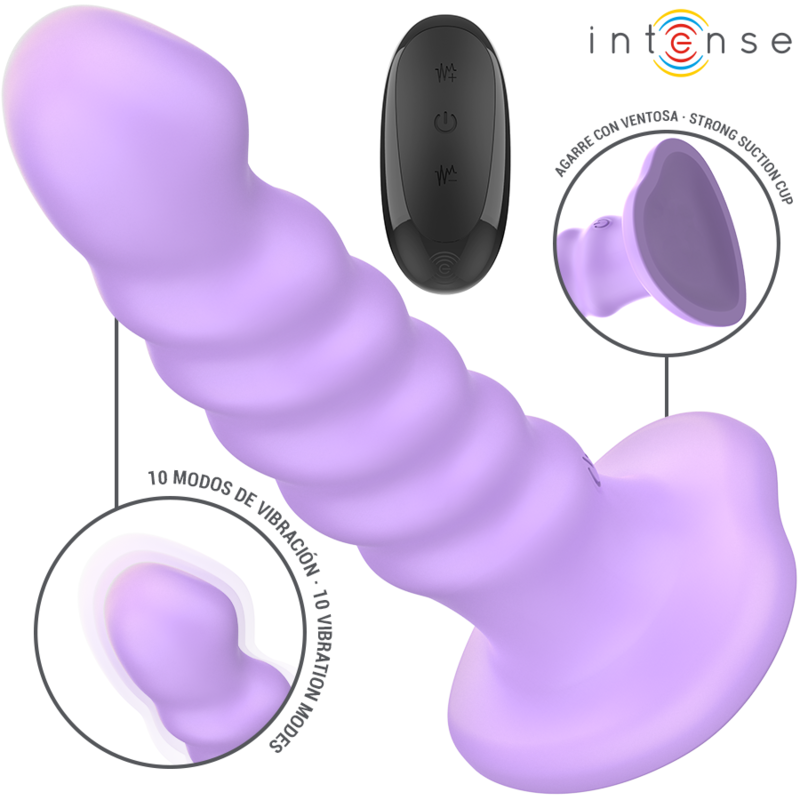Purple spiral textured vibrator with suction cup base and black remote control.