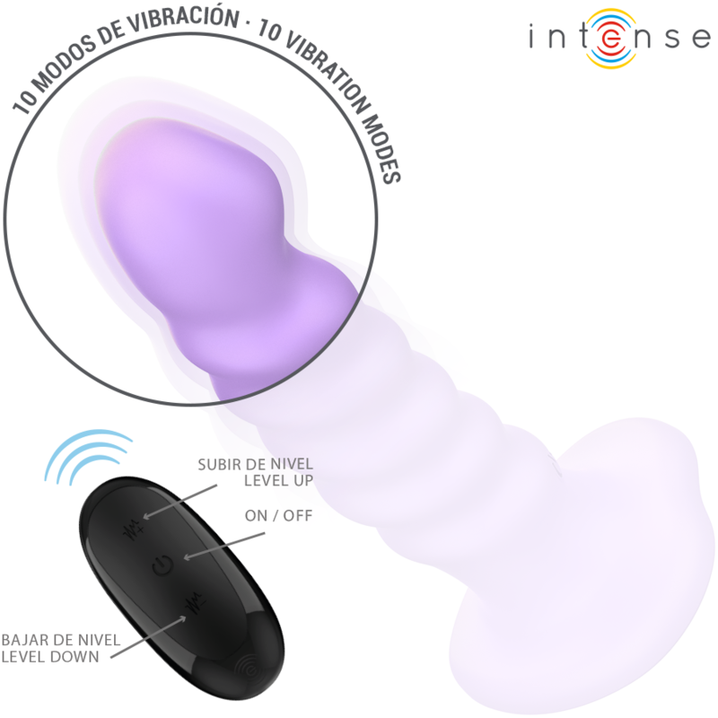 Purple medium-sized vibrator with spiral texture and black remote control showing level up, down, and on/off buttons.