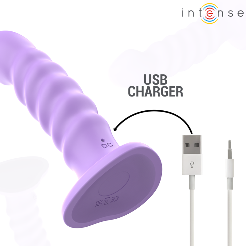 Purple spiral vibrator with USB charging port and smooth silicone base.