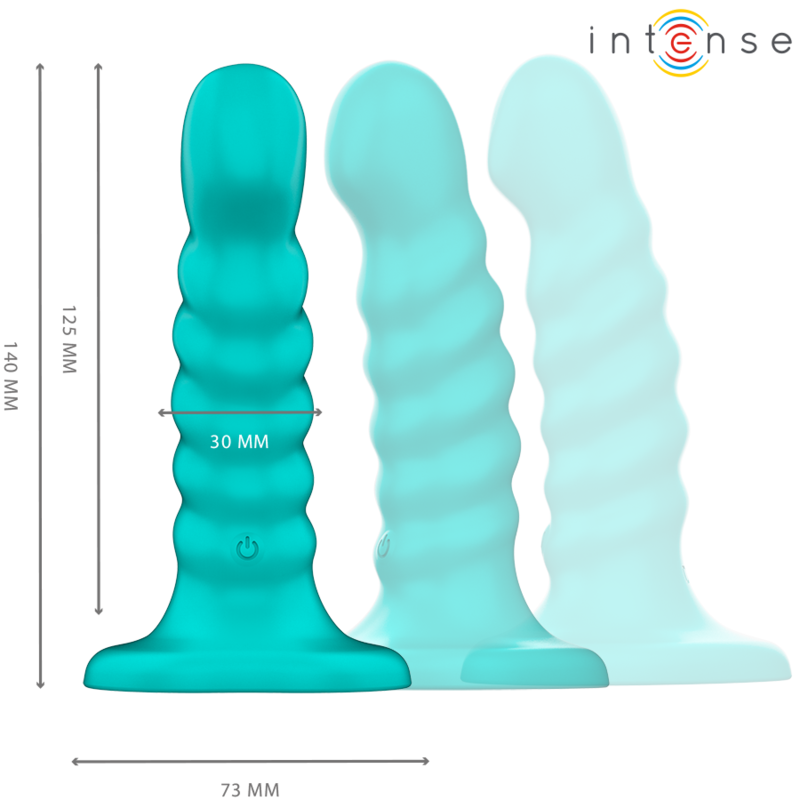 Blue spiral textured vibrator with remote control, size S, 125mm length, 30mm width.