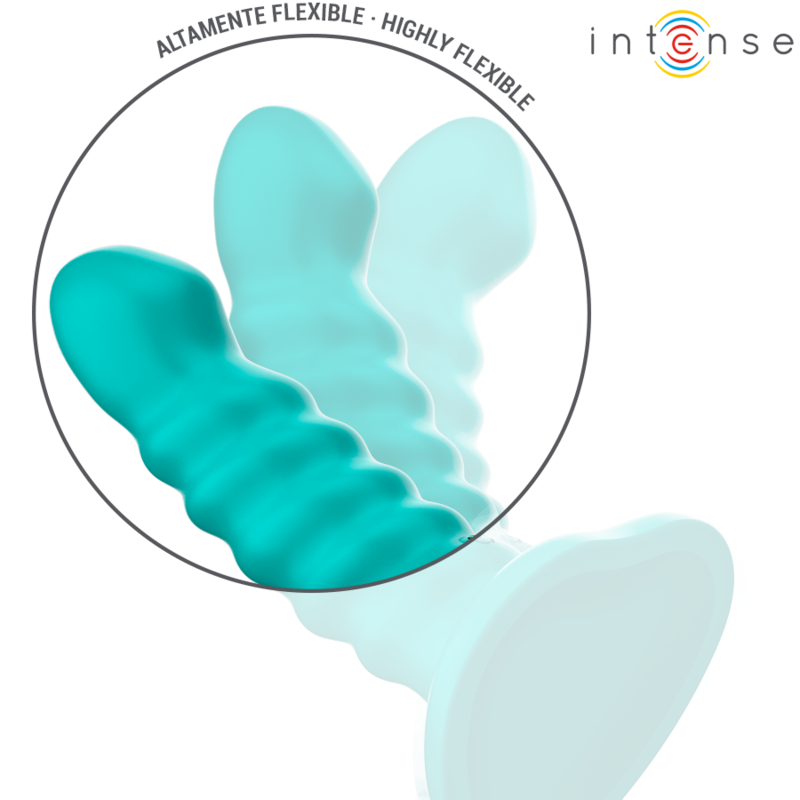 Blue silicone vibrator with spiral design and suction base shown with flexible motion illustration.