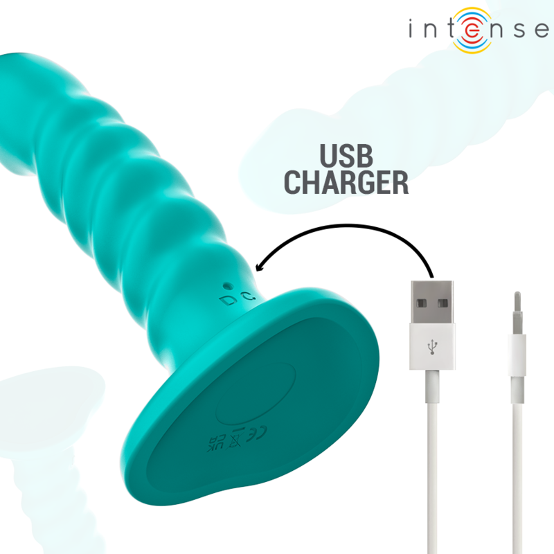 Blue spiral vibrator with USB charging port and USB charger cable beside it.