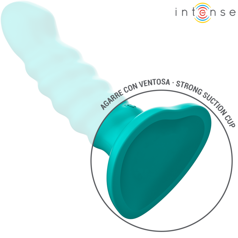 Blue small vibrator with spiral texture and strong suction cup base.