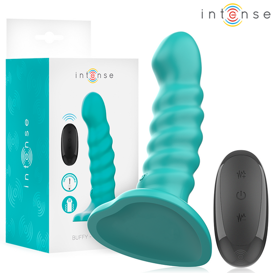 Blue spiral-textured vibrator with curved tip and black remote control next to white and teal packaging.