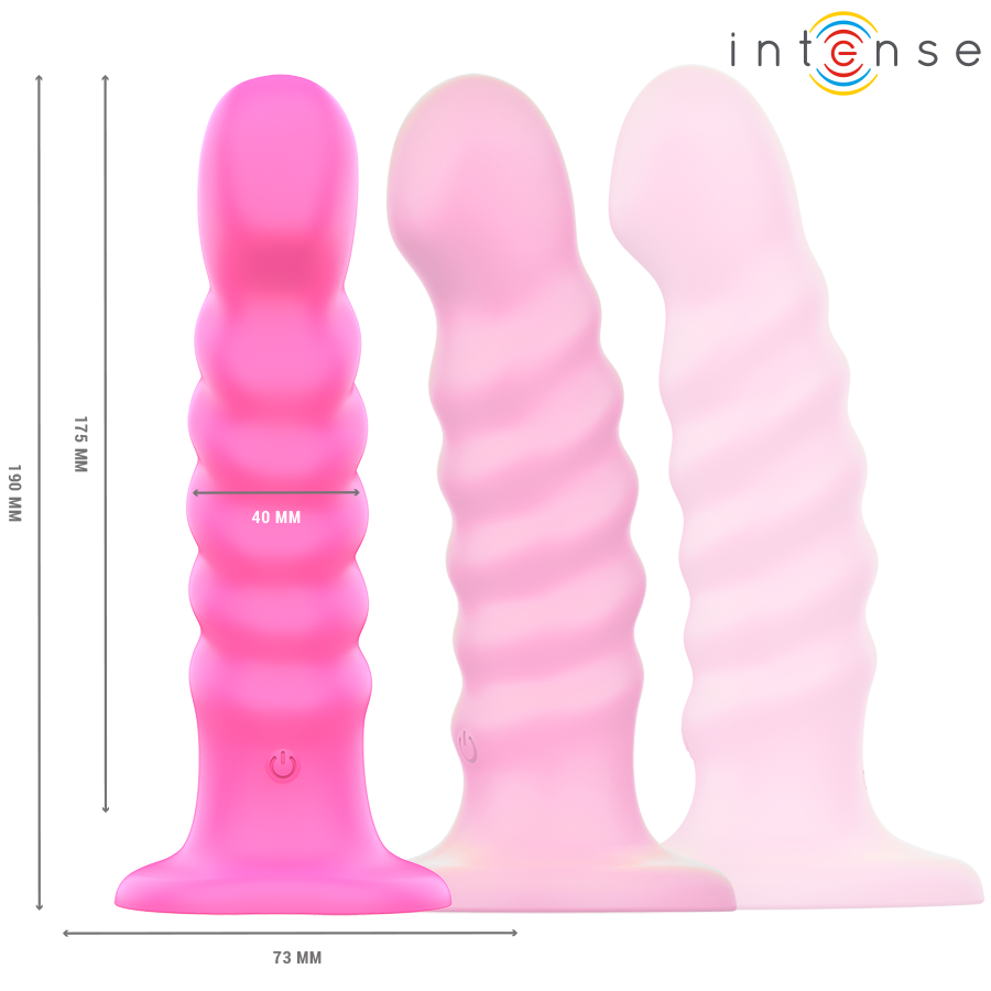 Three pink vibrators in different sizes with spiral designs and suction cup bases, one with power button visible.