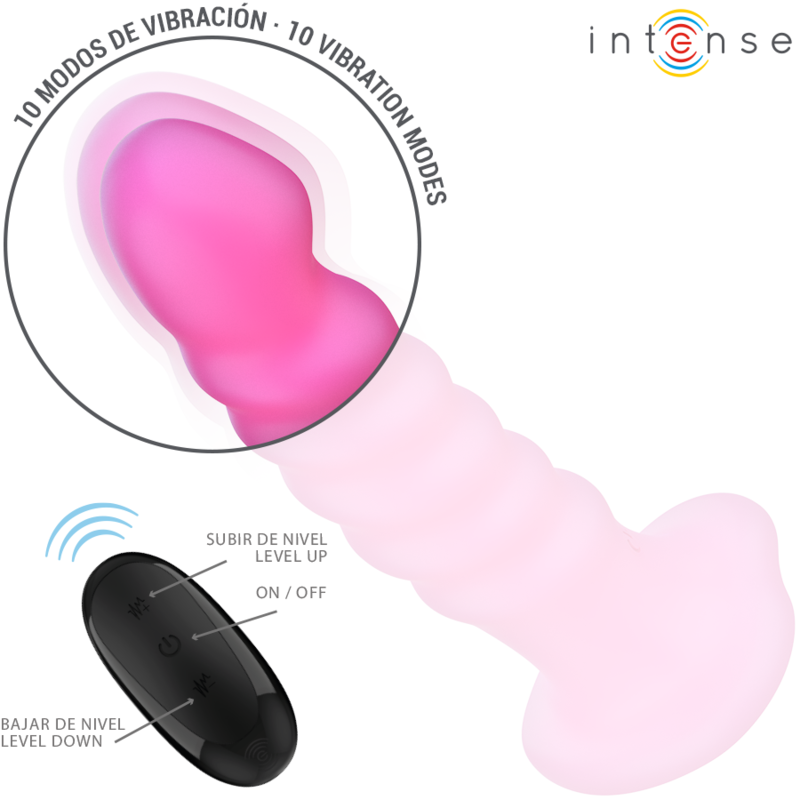 Pink large spiral vibrator with contoured tip and black wireless remote control showing vibration buttons.