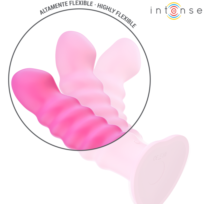 Pink silicone vibrator with spiral textured shaft and flared base, shown in three flex positions.