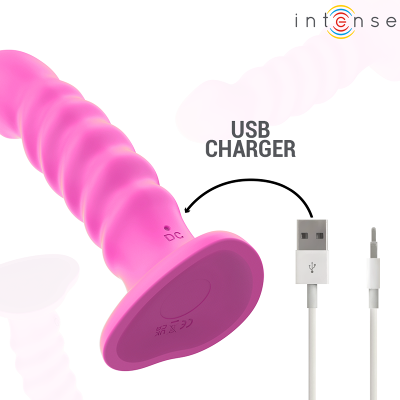 Pink spiral-design vibrator with flared base and USB charger cable.