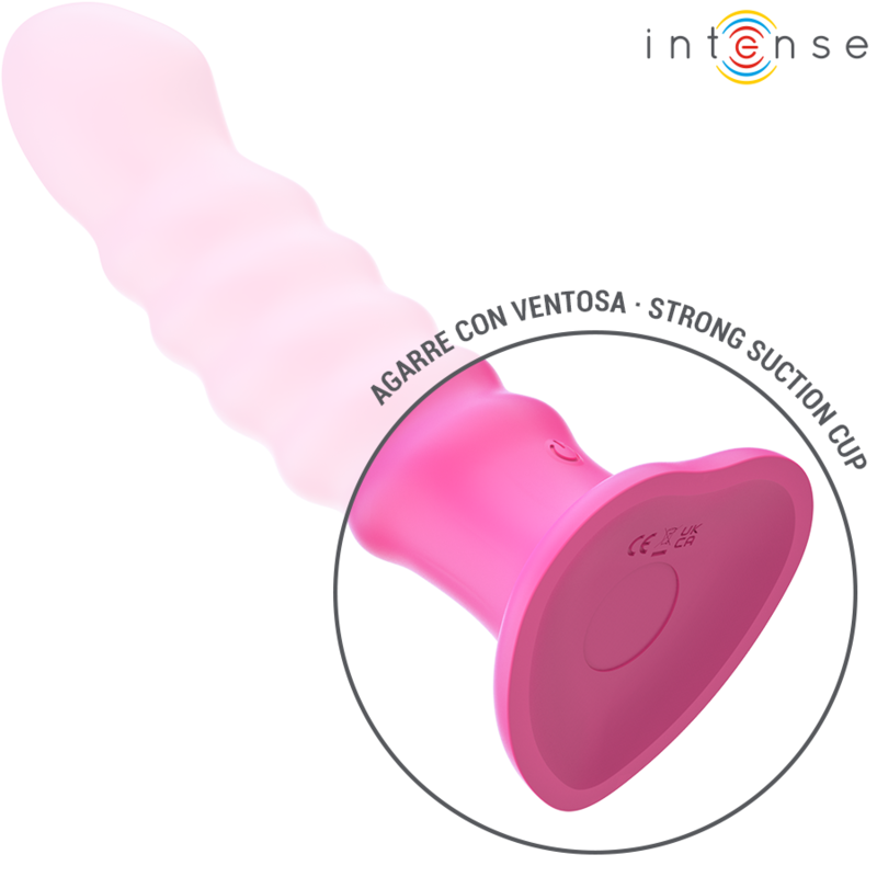 Pink silicone vibrator with spiral texture and strong suction cup base.