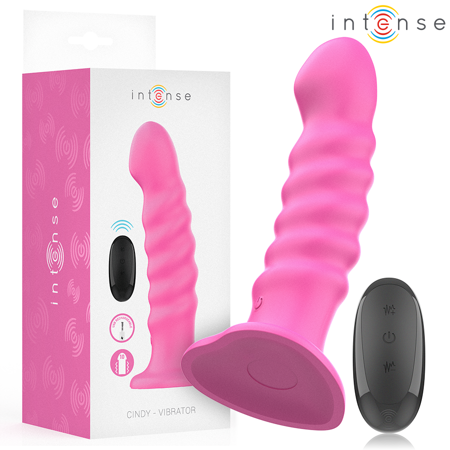 Pink spiral textured vibrator with bulbous tip and black remote control next to branded white and pink box.
