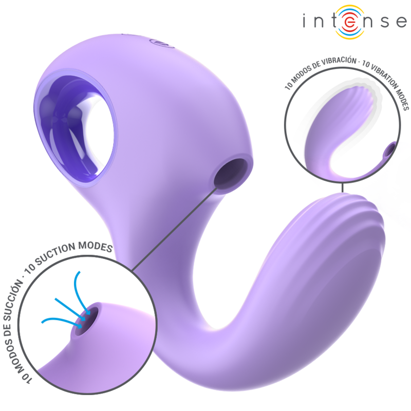 Violet curved vibrator and stimulator with smooth and ridged textures, suction feature highlighted in close-up.