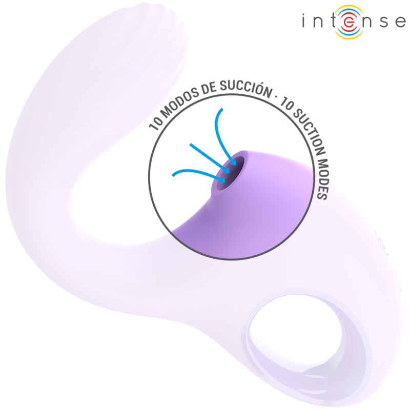 Violet curved silicone vibrator with suction feature and finger loop handle.