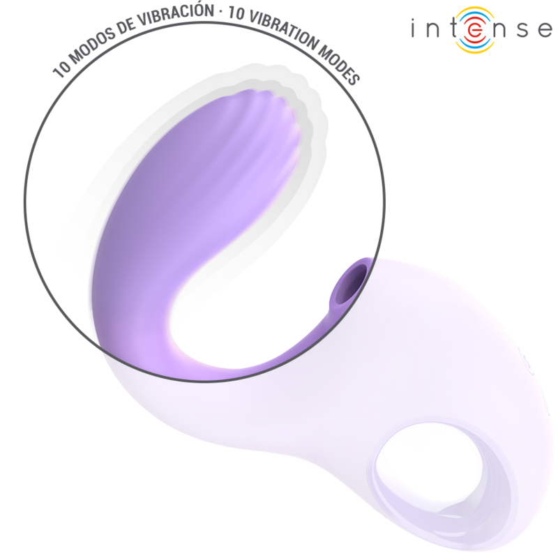 Violet curved vibrator and stimulator with textured inner surface and finger loop handle.